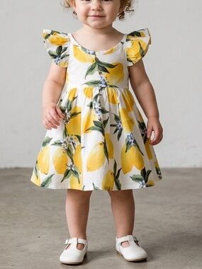 Boutique Baby Girls Flutter Sleeve Lemons White Sundress